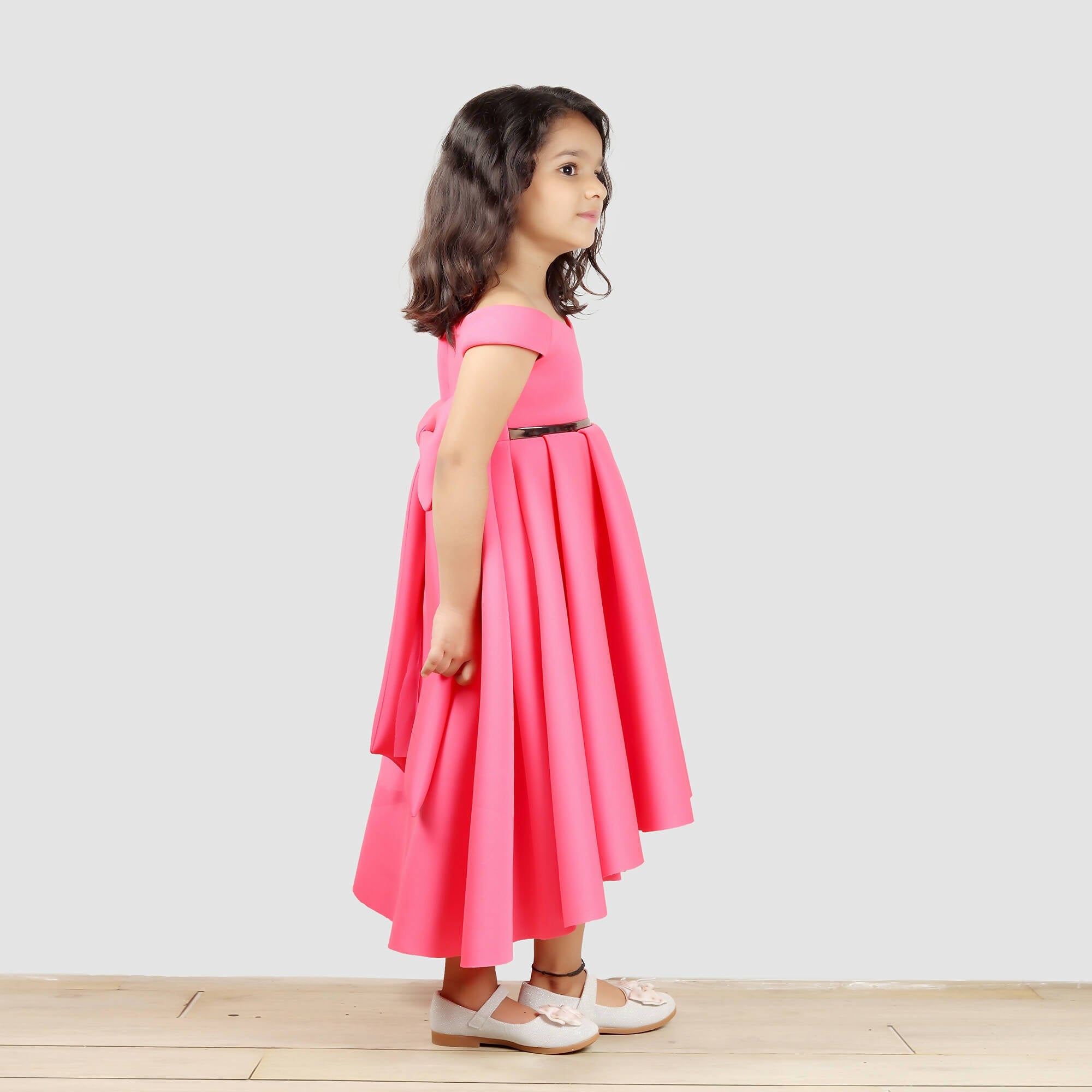 Pink Scuba Gown with Black Waist Belt and Back Bow Detail