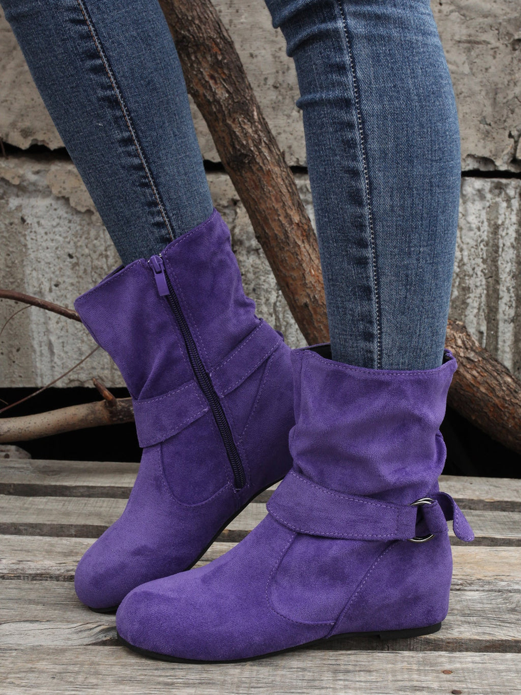 Women's Ankle Boots with Buckle Belt & Side Zip