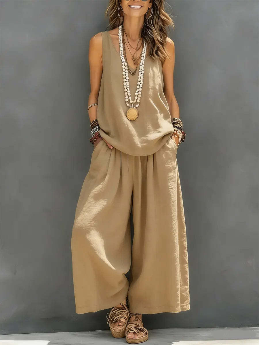Women's Cotton Linen Sleeveless Tank Top and Wide-Leg Pants Set - Image 9