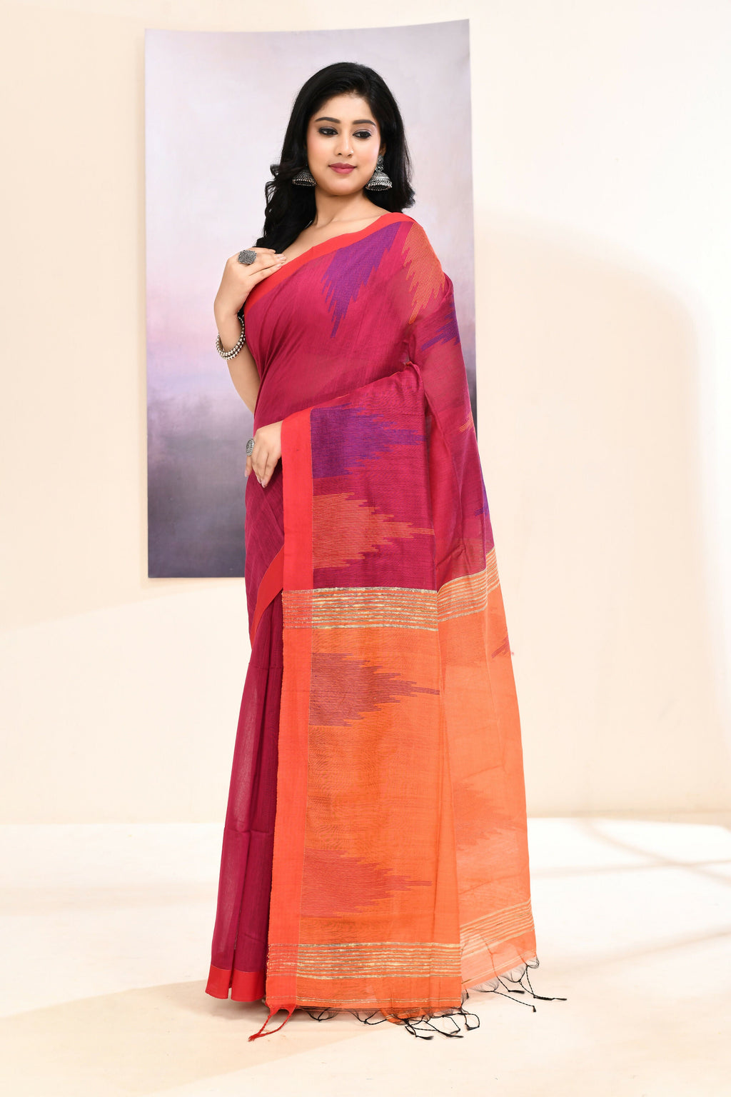 Rani Temple Border Jamdani Saree with Embellished Cotton Blend