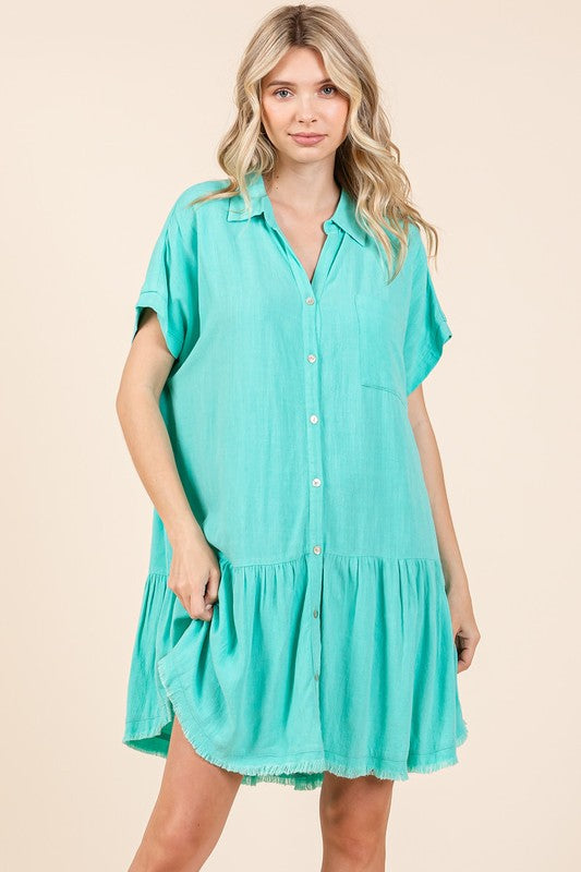 Summer Linen Blend Button Down Shirt Mini Dress for Women