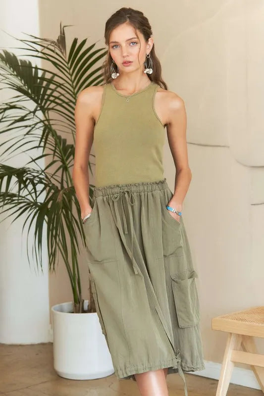 Sleeveless Washed Drawstring Mini Dress