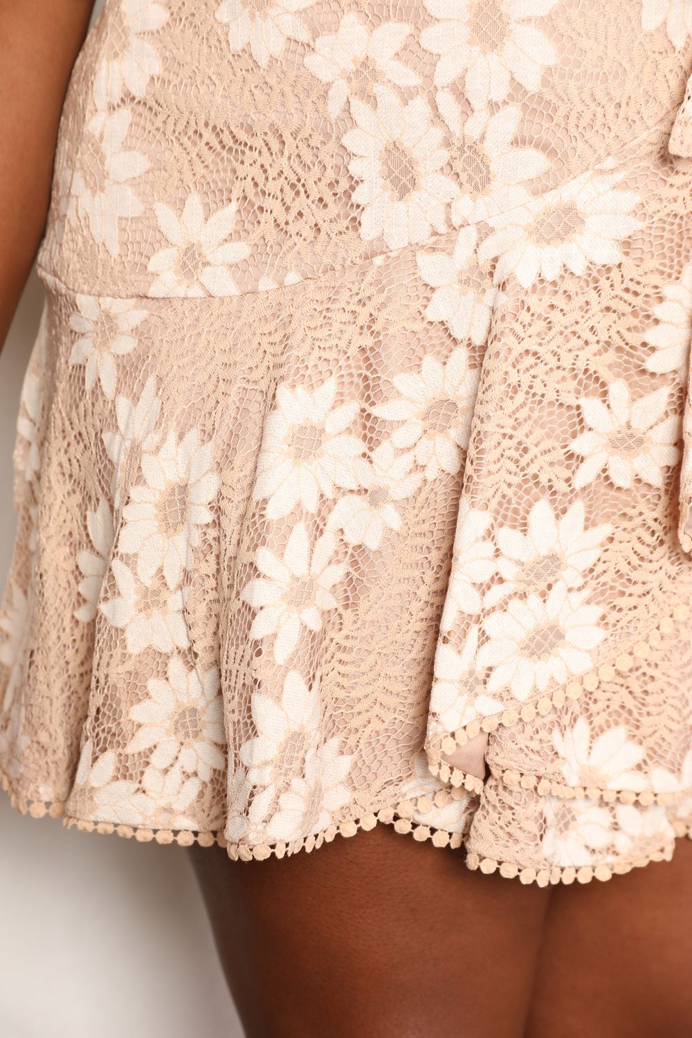 Floral Lace Pompom Tie-Waist Flutter Sleeve Mini Dress