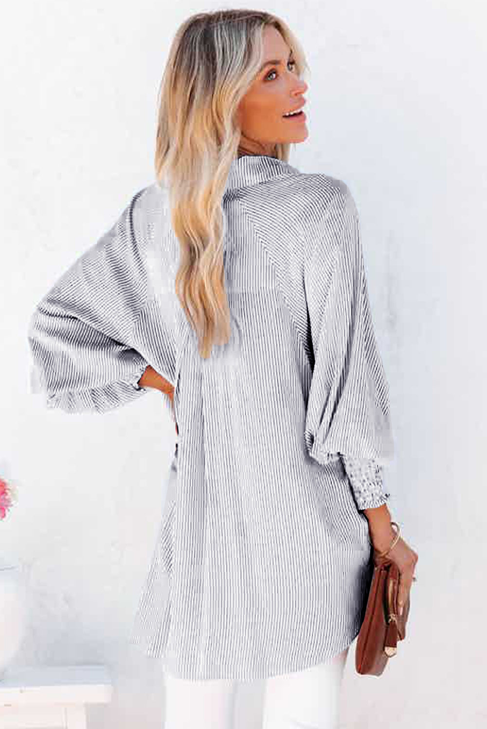 Blue Striped Casual Shirt with Shirred Cuffs | Polyester