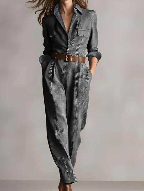 Wine Red Checkered Wide-Leg Jumpsuit with Notched Lapel Collar