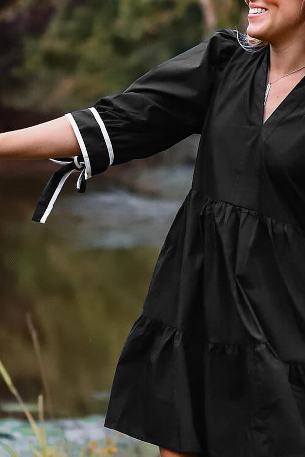 Black Contrast Trim Knot Cuffs V-Neck Mini Dress