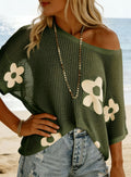 Beige Floral Hollow-Out Knit Top Drop-Shoulder Pullover - Image 6