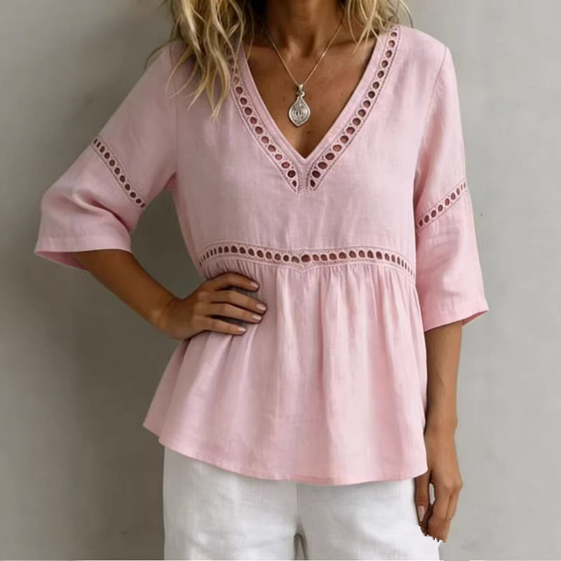 Women's V-Neck Cotton Linen Fringed Top with Hollow-Out Detail - Image 4