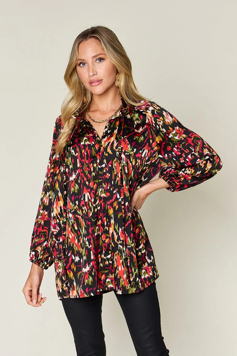 Printed Button Up Long Sleeve Shirt | Satin Bohemian Blouse