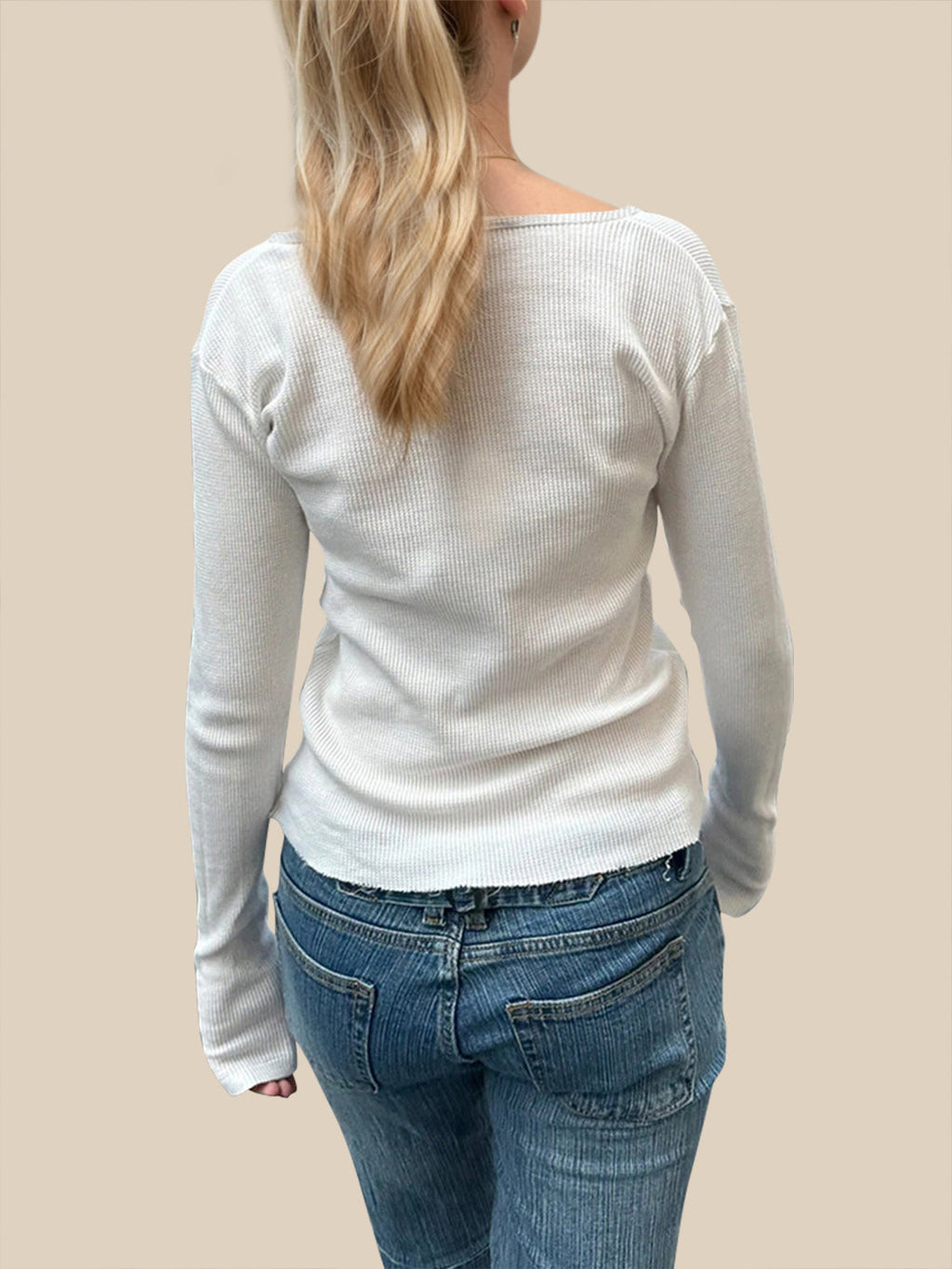 White Waffle Knit Long Sleeve Button Up Henley T-Shirt - Image 2
