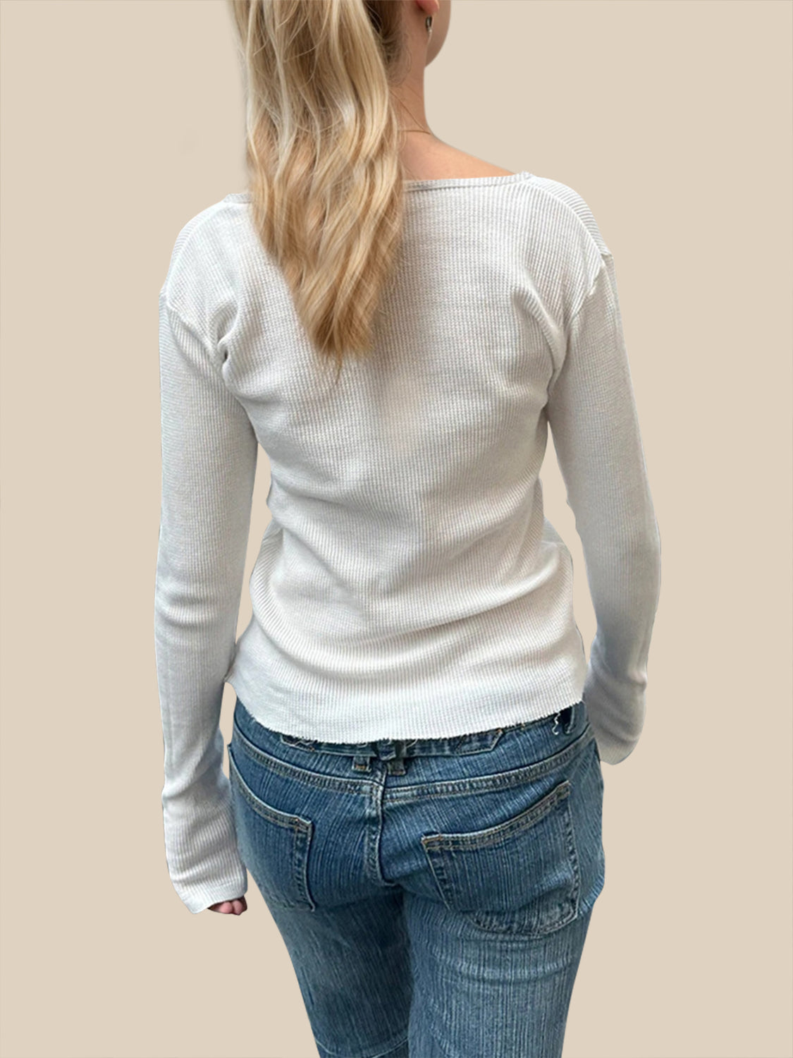 White Waffle Knit Long Sleeve Button Up Henley T-Shirt - Image 2