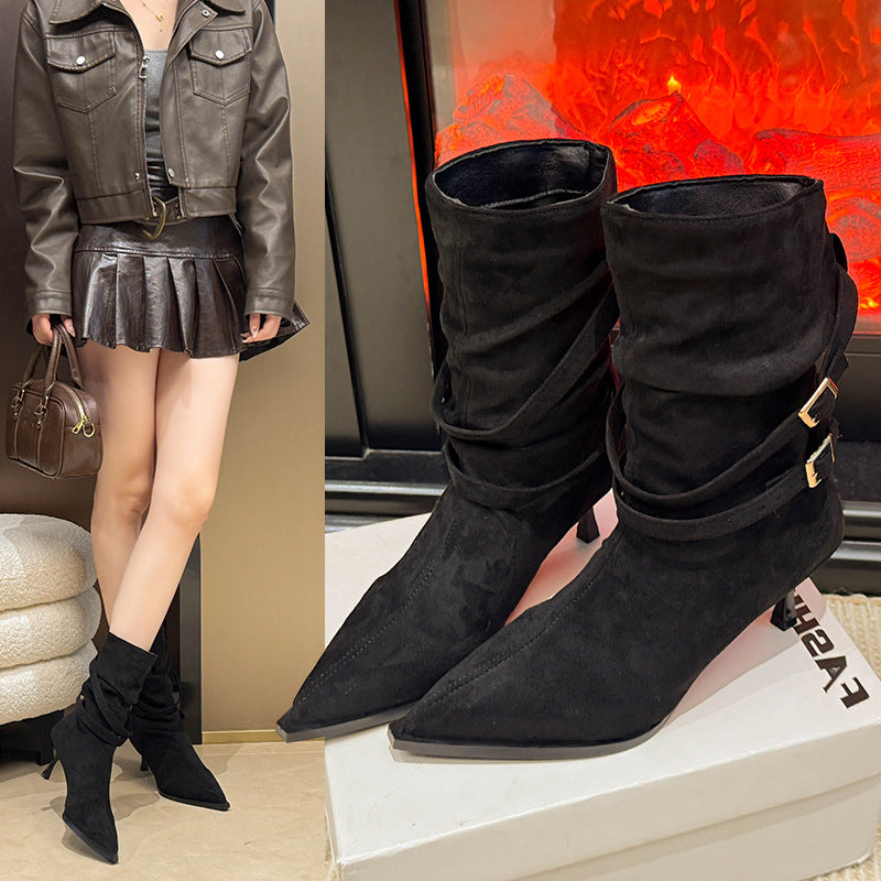 Women Pointed Toe Suede Stiletto Ankle Boots with Buckle Straps - Image 3