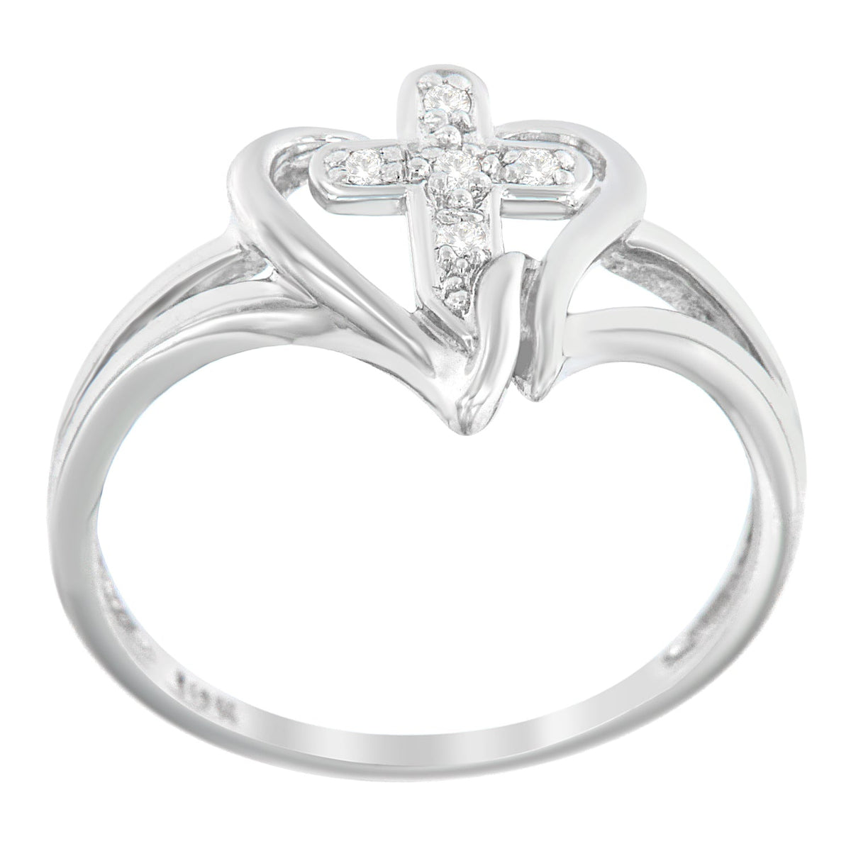 10K White Gold Diamond-Accented Cross & Open Heart Promise Fashion Ring (H-I Color, I1-I2 Clarity) - Size 7
