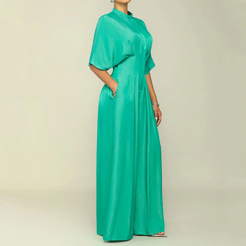 Emerald Green Satin Wide-Leg Jumpsuit with Bat Sleeves