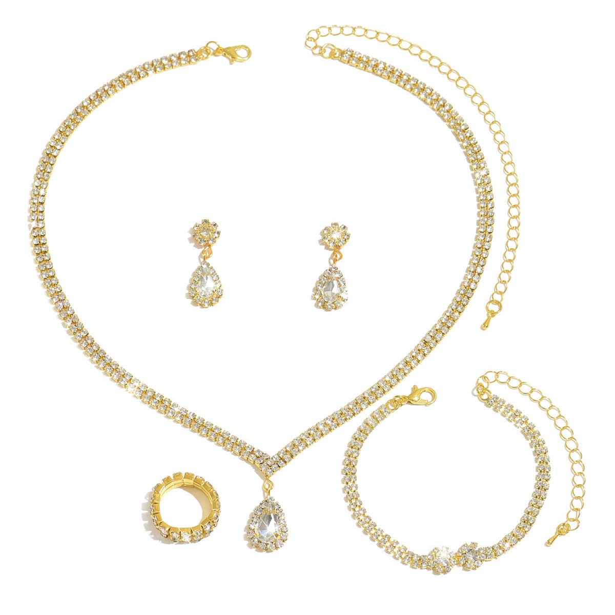 Women 4 Pcs Rhinestone Jewelry Set,Necklace Earrings Bracelet Ring,Elegant Bridal Costume Accessories For Wedding Party Occasion