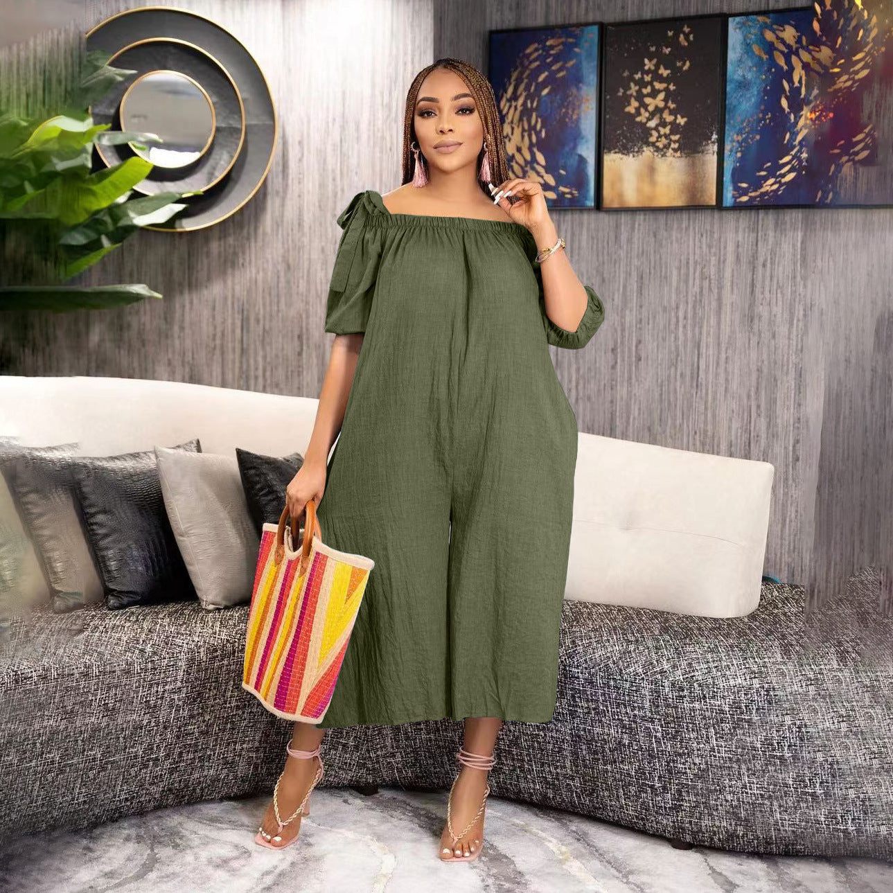 Casual Loose Cropped Denim Jumpsuit with Multi-Pockets