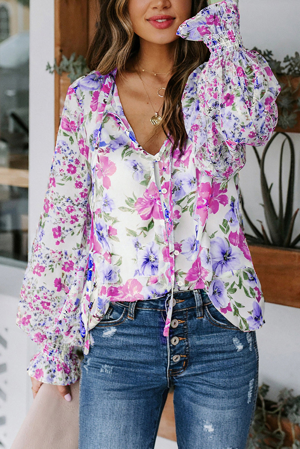 Blue Cakewalk Floral Smocked Blouse
