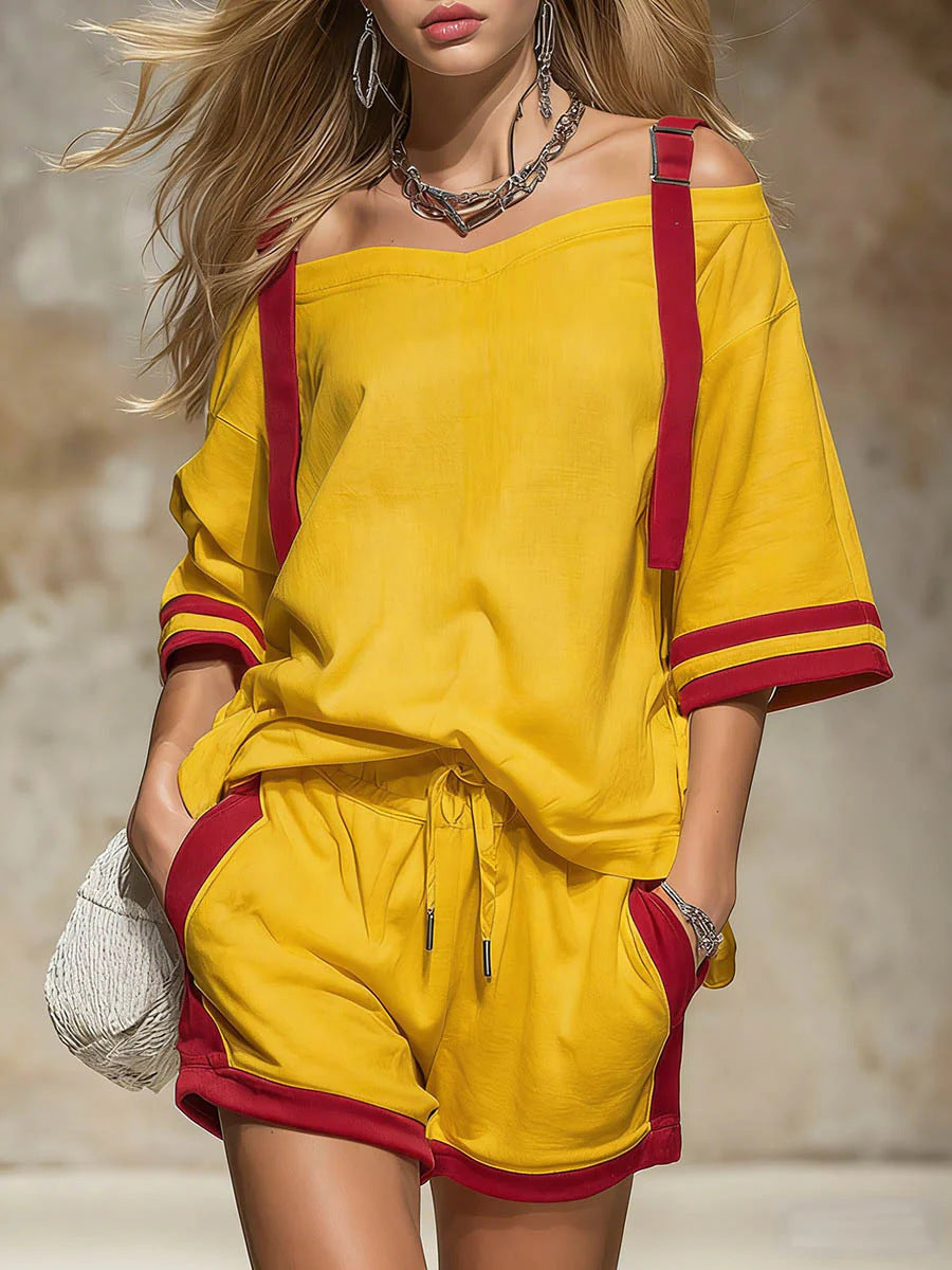 Women's Contrast Color-Block Shorts Set Two-Piece Casual Outfit