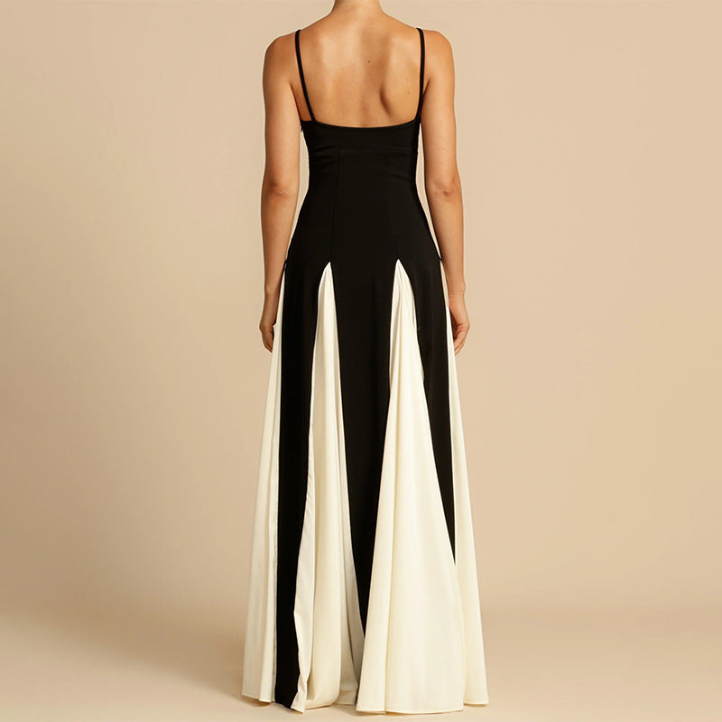 Color Contrast Maxi Sling Dress: Minimalist Black & Cream A-Line