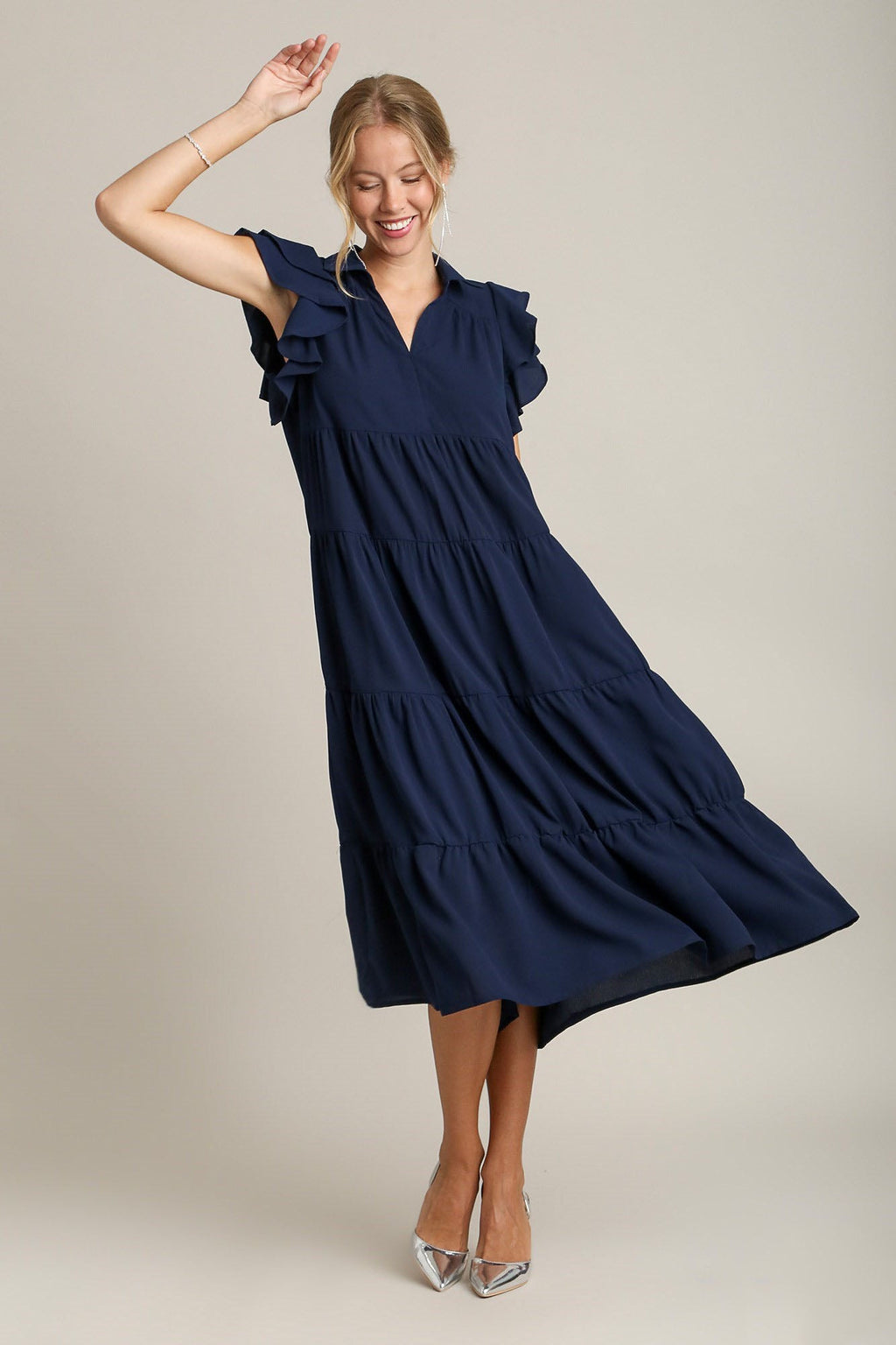 Classic Navy Ruffle Sleeve Tiered Dress with Collar