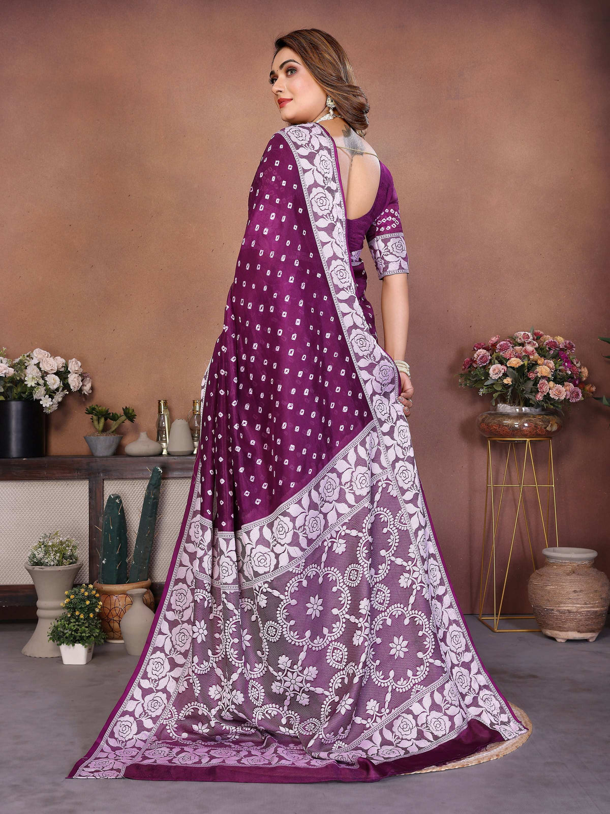 Wine Viscose Silk Saree with Handmade Original Bandhej