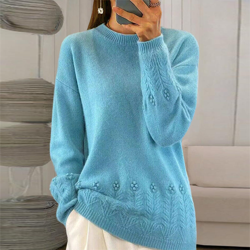Women's Solid Color Crew Neck Sweater with 3D Floral Embroidery - Image 5