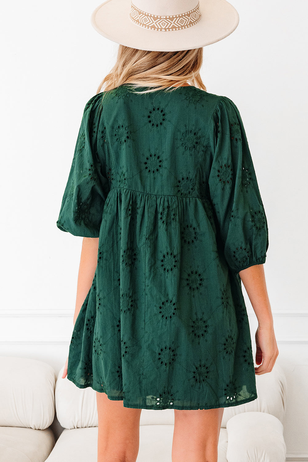 Solid Embroidered Eyelet 3/4 Sleeve Mini Dress