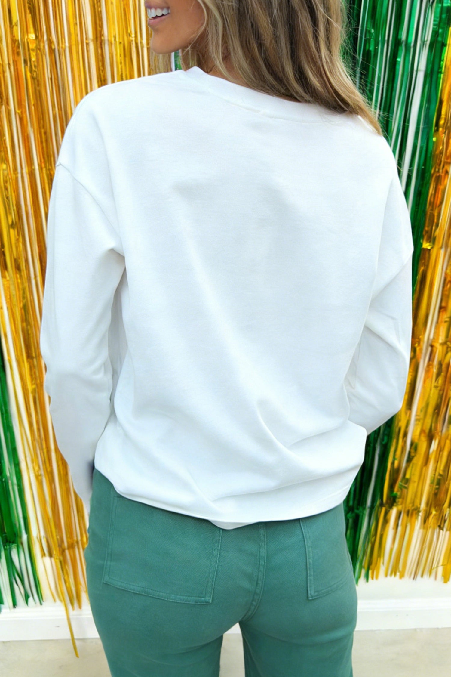 White Lucky Heat Transfer Long Sleeve Top | Cotton Blend