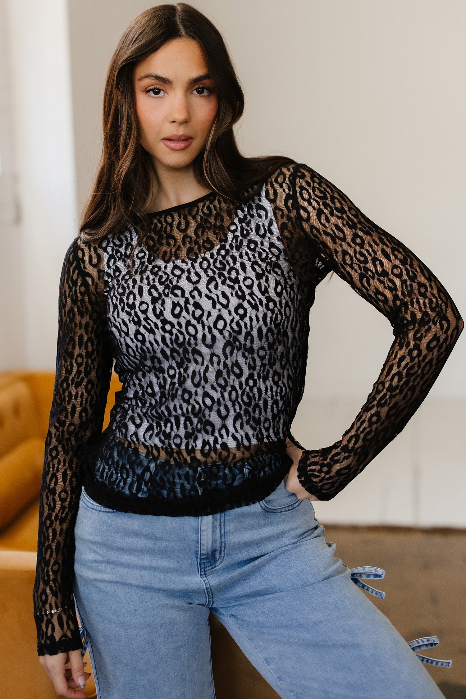 Leopard Pattern Sheer Mesh Long Sleeve Top