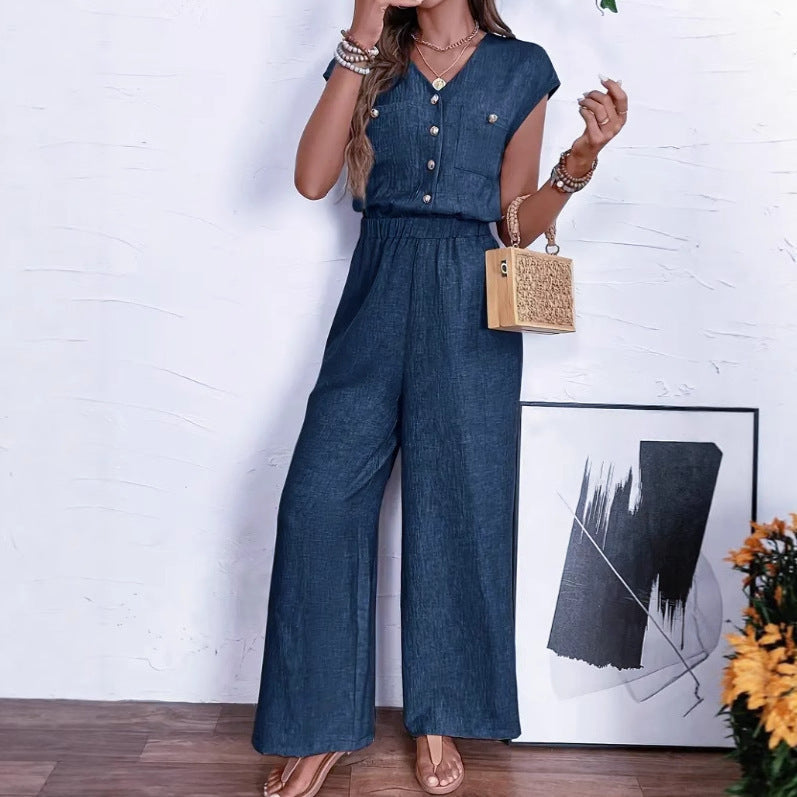 Navy Blue V-Neck Jumpsuit with Buttons & Elastic Waist