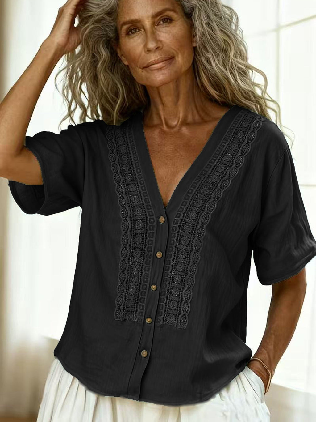 Women's Embroidered Faux Linen Button-Up Top in Multiple Colors - Image 6