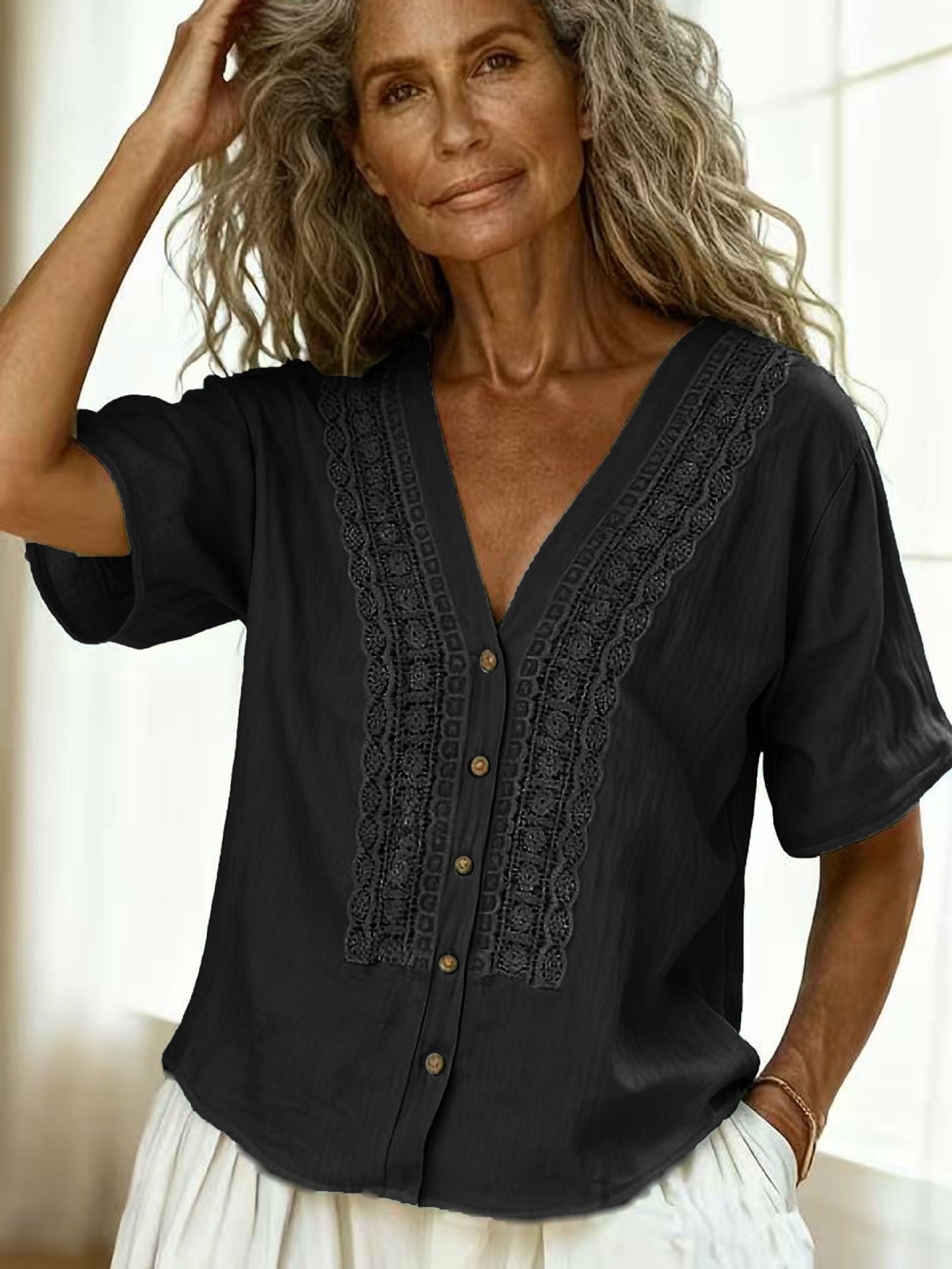 Women's Embroidered Faux Linen Button-Up Top in Multiple Colors - Image 6