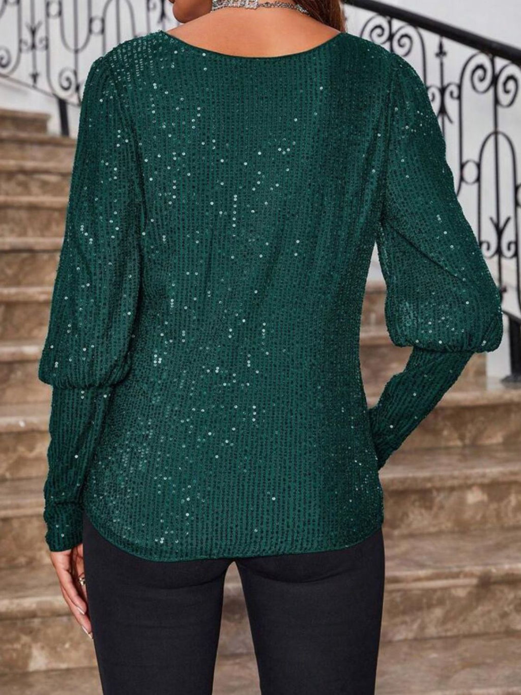 Women's Sequin Boat Neck Long Sleeve Top Elegant Party Blouse - Image 9