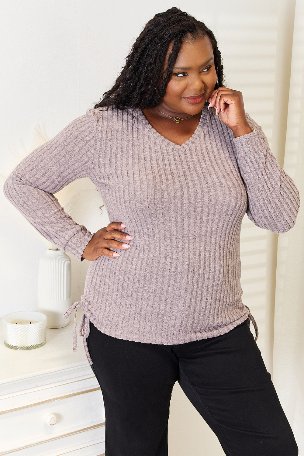 Drawstring Ribbed Long Sleeve T-Shirt | Stretchy Knit Top