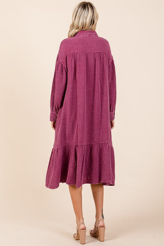 Mineral Wash Cotton Gauze Ruffle Midi Shirt Dress