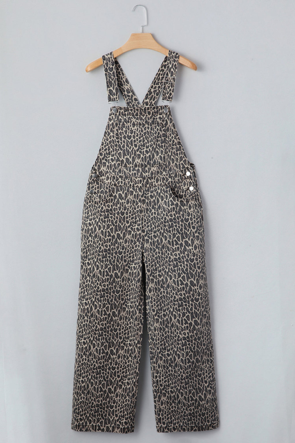 Leopard Straight Leg Loose Denim Overall Jumpsuit