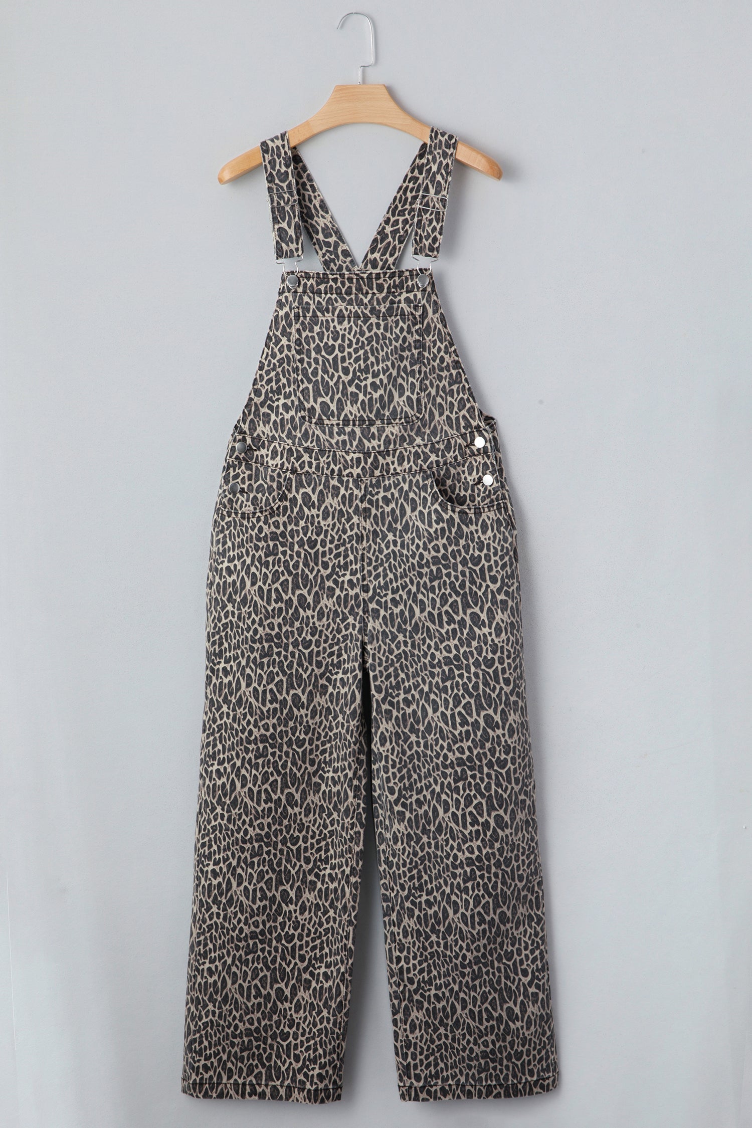 Leopard Straight Leg Loose Denim Overall Jumpsuit