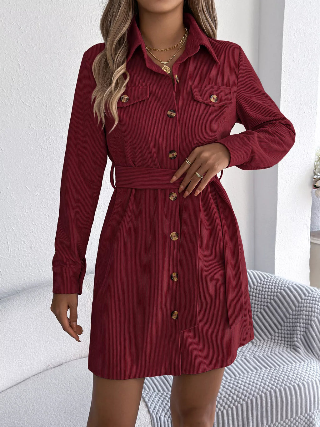 Button-Front Corduroy Shirt Dress