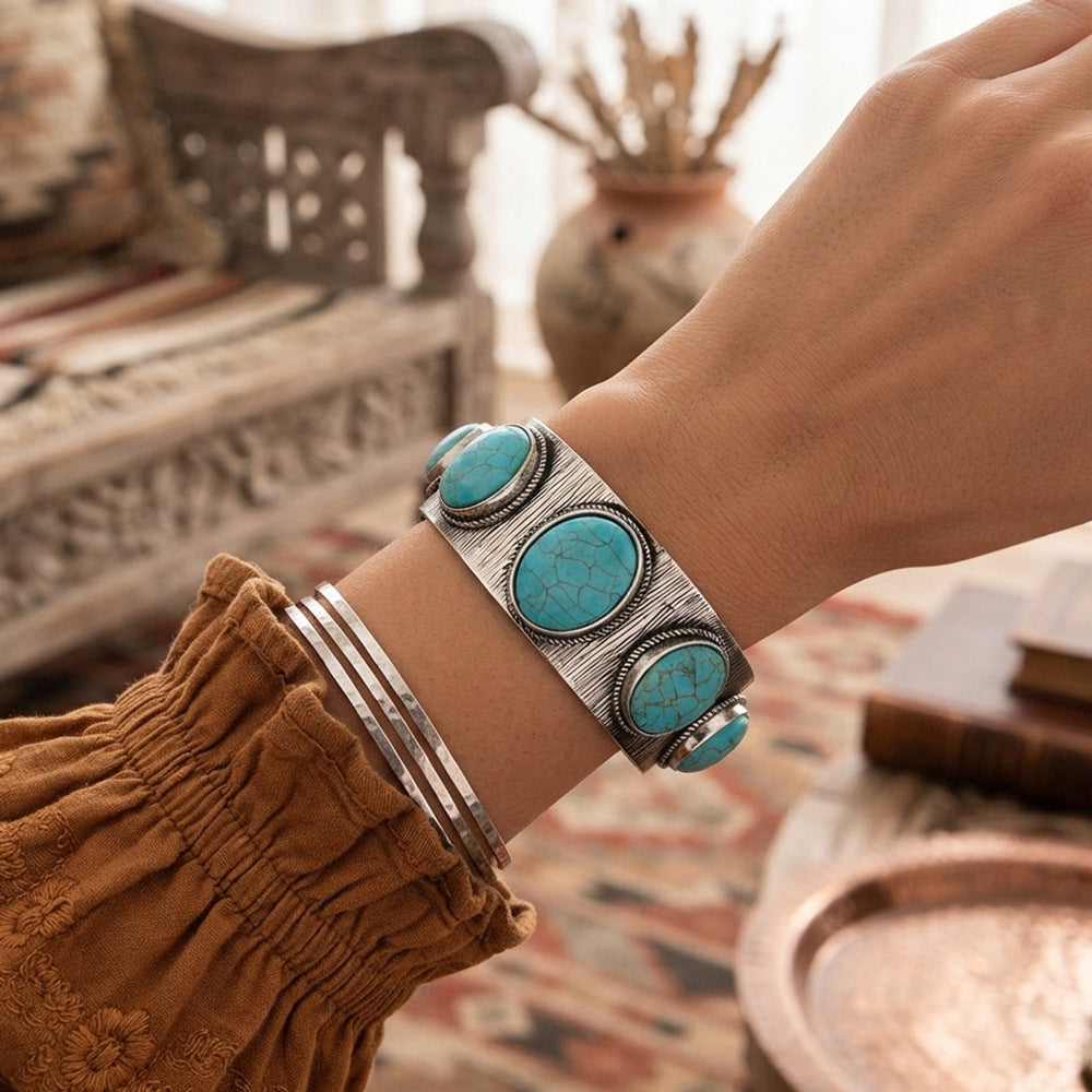Ethnic-style Oval Turquoise Open Bracelet
