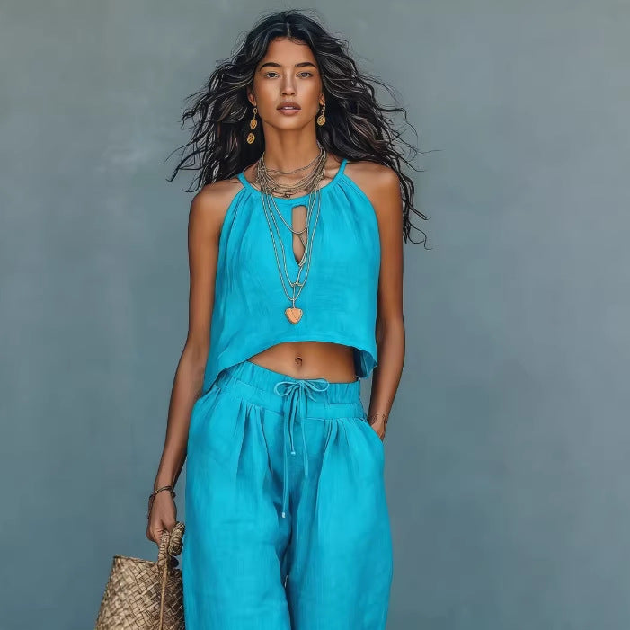 Women's Sleeveless Crop Tank and Wide-Leg Pants Linen Blend Set