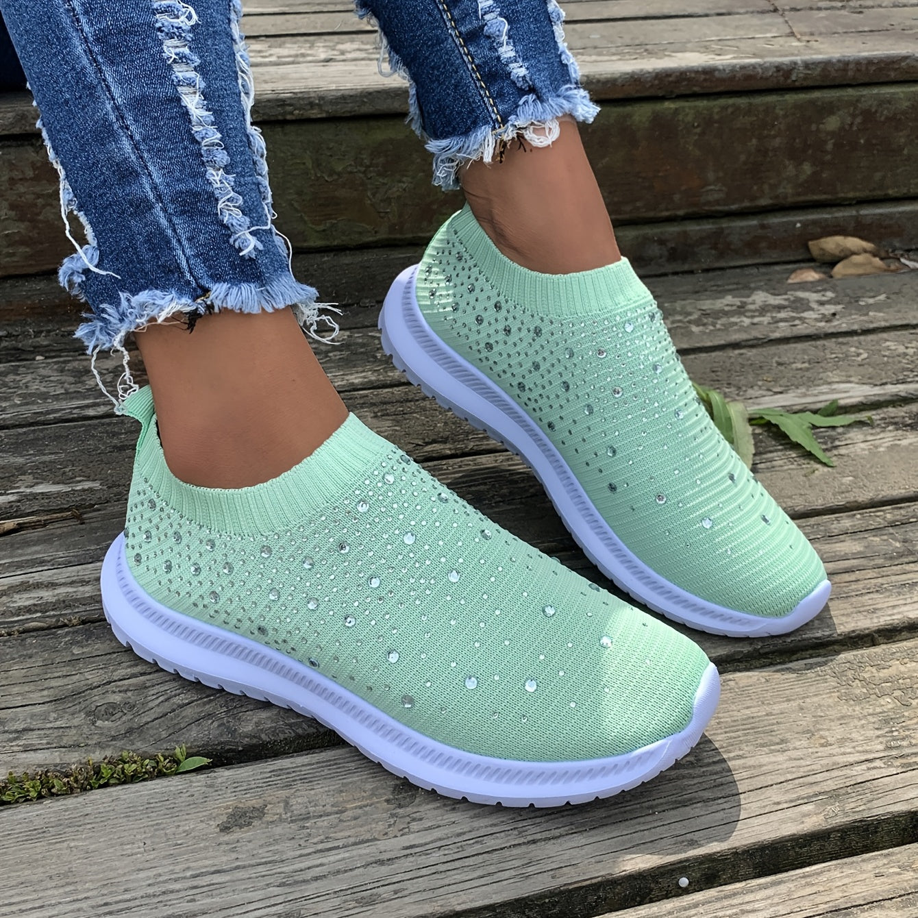 Women's Rhinestone Rainbow Color Block Breathable Mesh Sneakers - Image 8