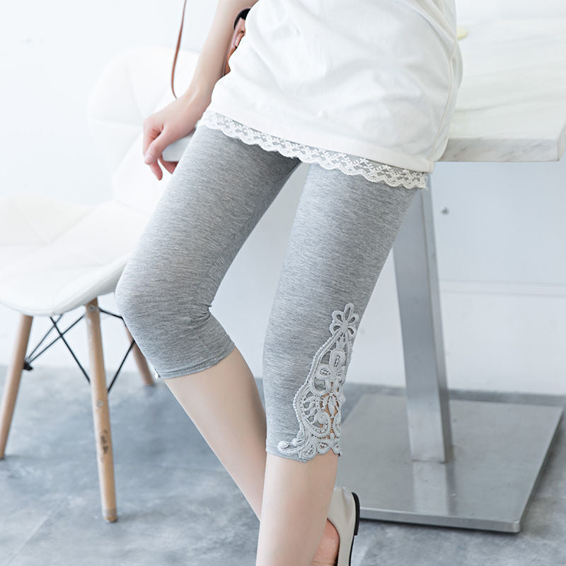 Women’s Lace Trim Stretch Leggings Solid Knit Bottoming Pants