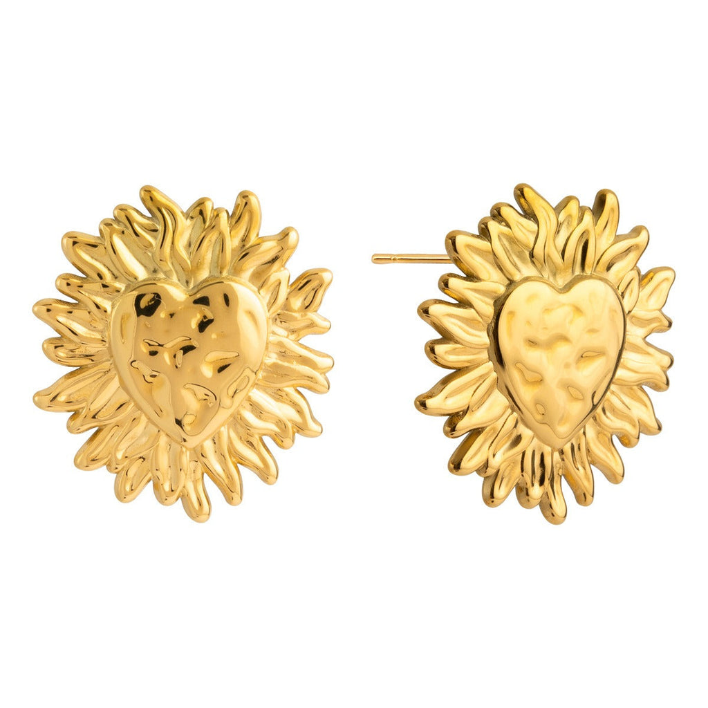 18K Gold Heart and Sun Stud Earrings - Lightweight Luxury Jewelry