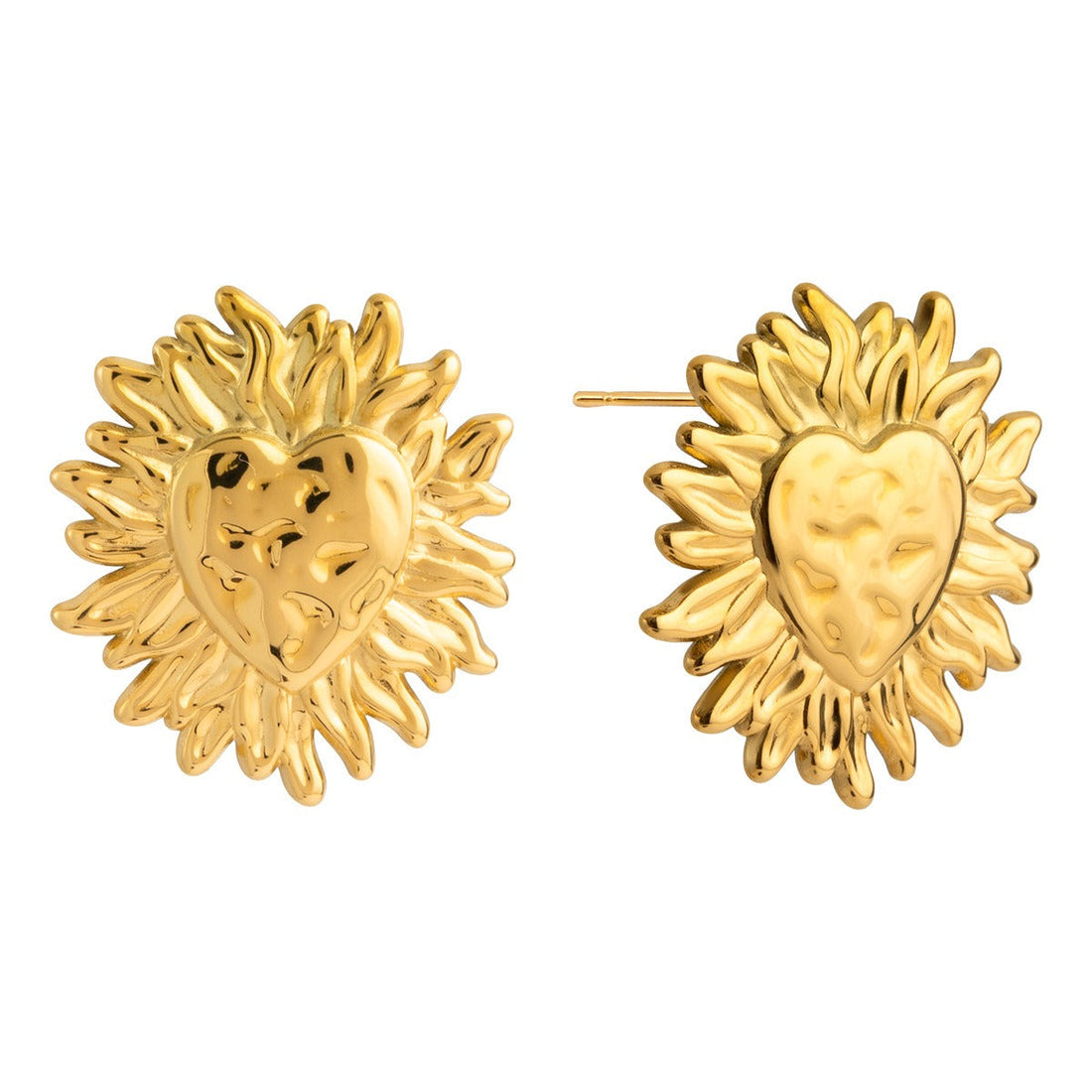 18K Gold Heart and Sun Stud Earrings - Lightweight Luxury Jewelry