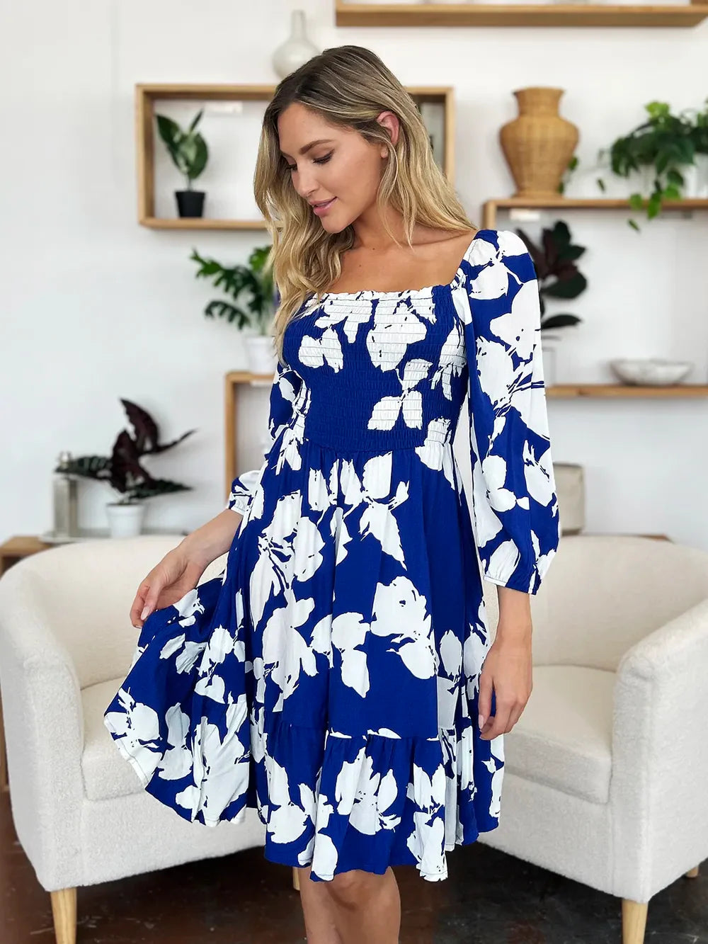 Floral Ruffle Hem Smocked Midi Dress with Pockets
