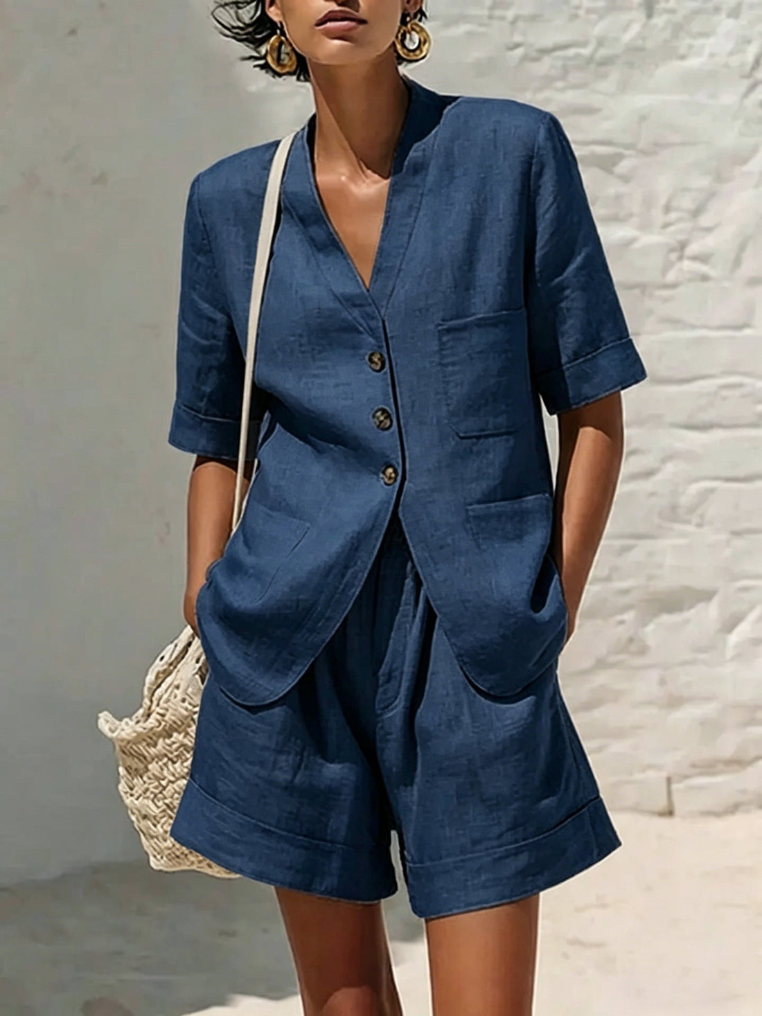 Women's Cotton-Linen Button-Down Top and Relaxed Shorts Set - Image 8