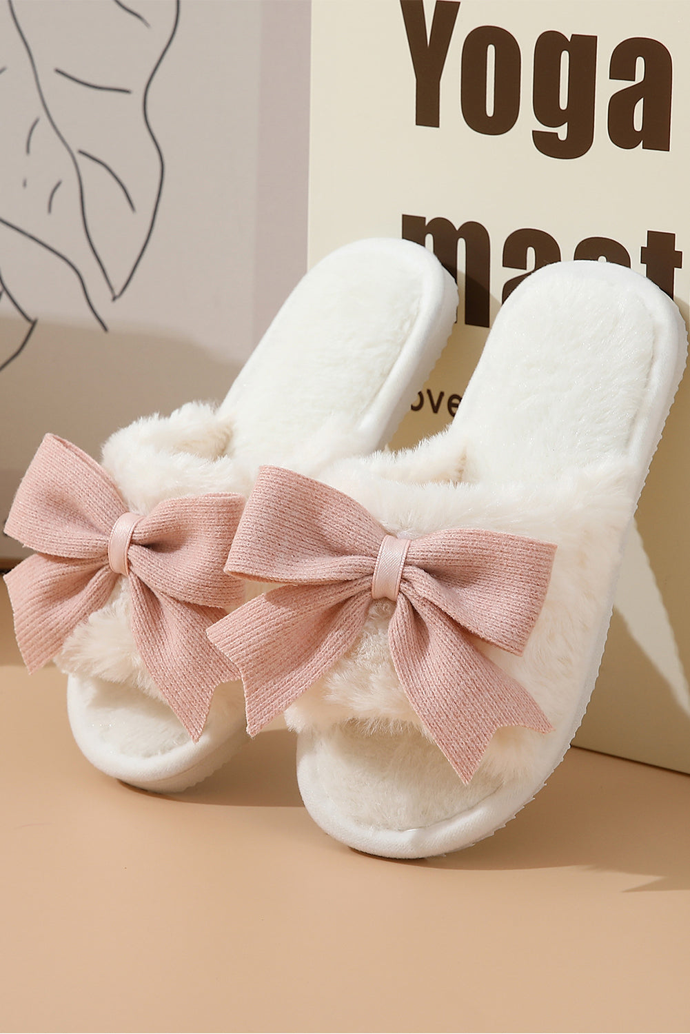 White Bow Knot Open Toe Plush Slippers