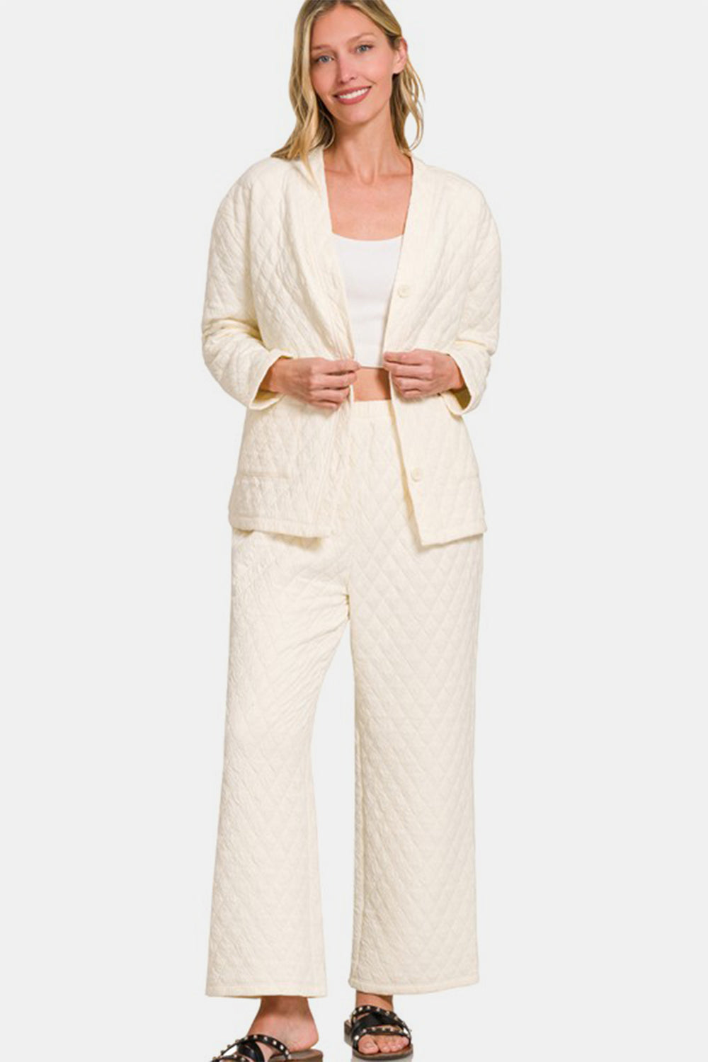 Zenana Quilted Button Up Long Sleeve Lounge Set
