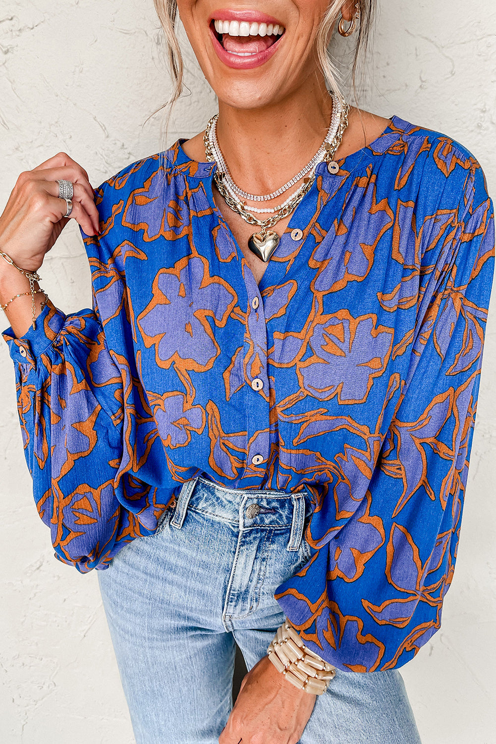 Blue Floral Print Batwing Sleeve Buttoned Shirt