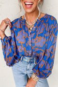 Blue Floral Print Batwing Sleeve Buttoned Shirt